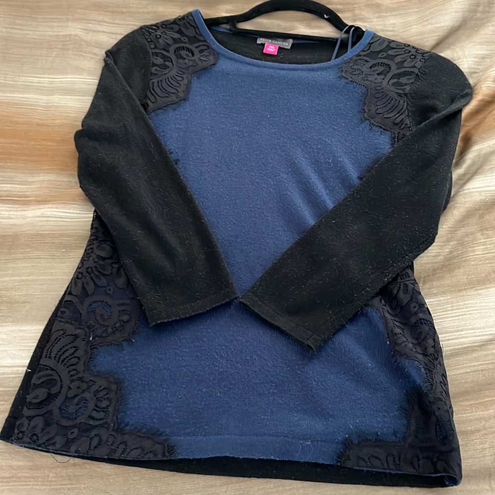 Vince Camuto navy seater with black lace trim.